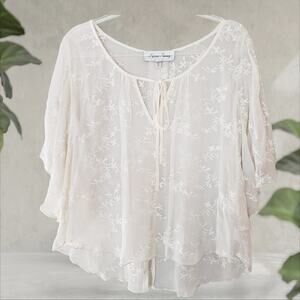 Fifteen-Twenty Ivory Sheer Nicole 100%‎ Silk Angel Top Embroidered Floral
